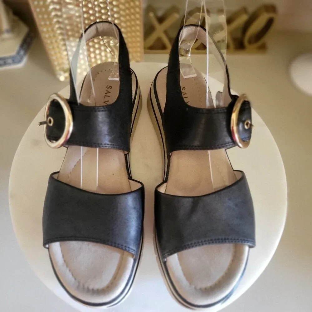 SALVIA ARLO Black Sandal Gold Buckle Detail Size ‎  EU 38 - Picture 3 of 12